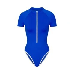 ZIP-UP SWIM MOCK NECK ONE PIECE | COBALT