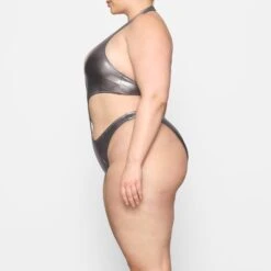 METALLIC SWIM HALTER MONOKINI | CARBON -SWIM Sales Store SKIMS SWIM OP CKY 2807 DC CBN 0055