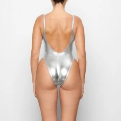 METALLIC SWIM HIGH CUT ONE PIECE | NICKEL -SWIM Sales Store SKIMS SWIM SW HICO 0035 QD NIC 0009 BK