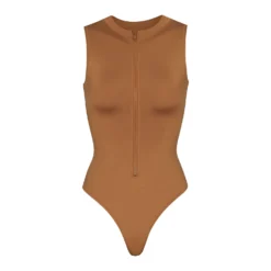 SWIM ZIP FRONT SLEEVELESS ONE PIECE | ALMOND