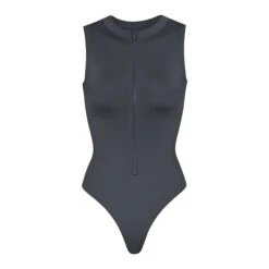 SWIM ZIP FRONT SLEEVELESS ONE PIECE | GUNMETAL