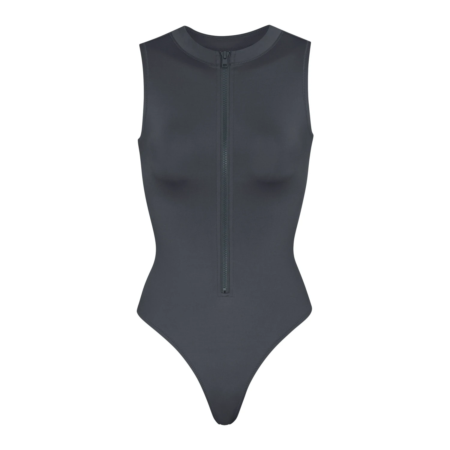 SWIM ZIP FRONT SLEEVELESS ONE PIECE | GUNMETAL 1 SWIM ZIP FRONT SLEEVELESS ONE PIECE | GUNMETAL