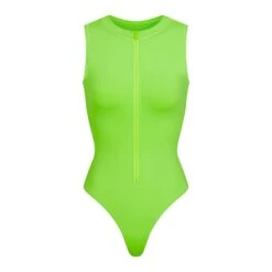 SWIM ZIP FRONT SLEEVELESS ONE PIECE | NEON GREEN
