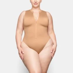 SWIM ZIP FRONT SLEEVELESS ONE PIECE | OCHRE -SWIM Sales Store SKIMS SWIM SW SLO 0149 TB OCH 0018 FR