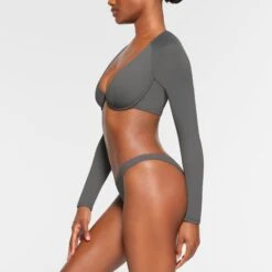 SWIM LONG SLEEVE UNDERWIRE TOP | GUNMETAL -SWIM Sales Store SKIMS SWIM TP LSL 2790 OB GUN 0012 SD
